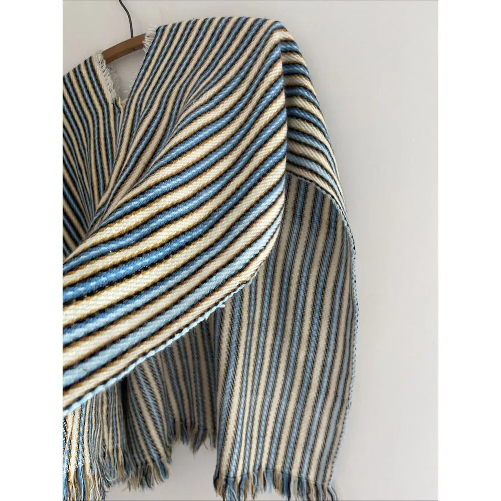 Vintage Mexican Kids Serape Pancho Blue‎ Gold Stripe Open Sides Slip On 22